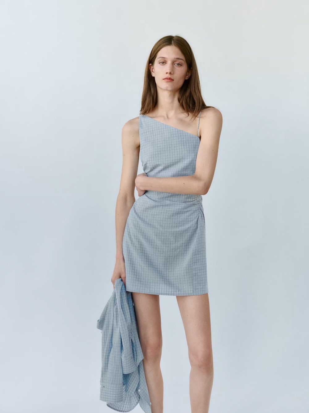 Mango Pale Blue One-Shoulder Mini Dress